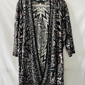 Zozo Womens Black 3/4Sleeve Open Front Aztec Geometric Cardigan Sweater Size 1X